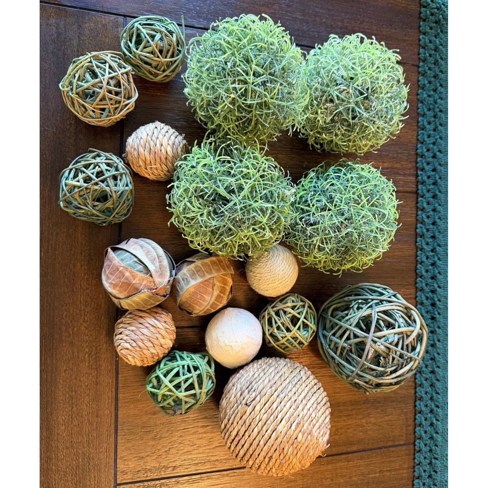 15 Piece Decorative Bowl Filler Set Moss Rattan Twine Natural Orbs Green Brown